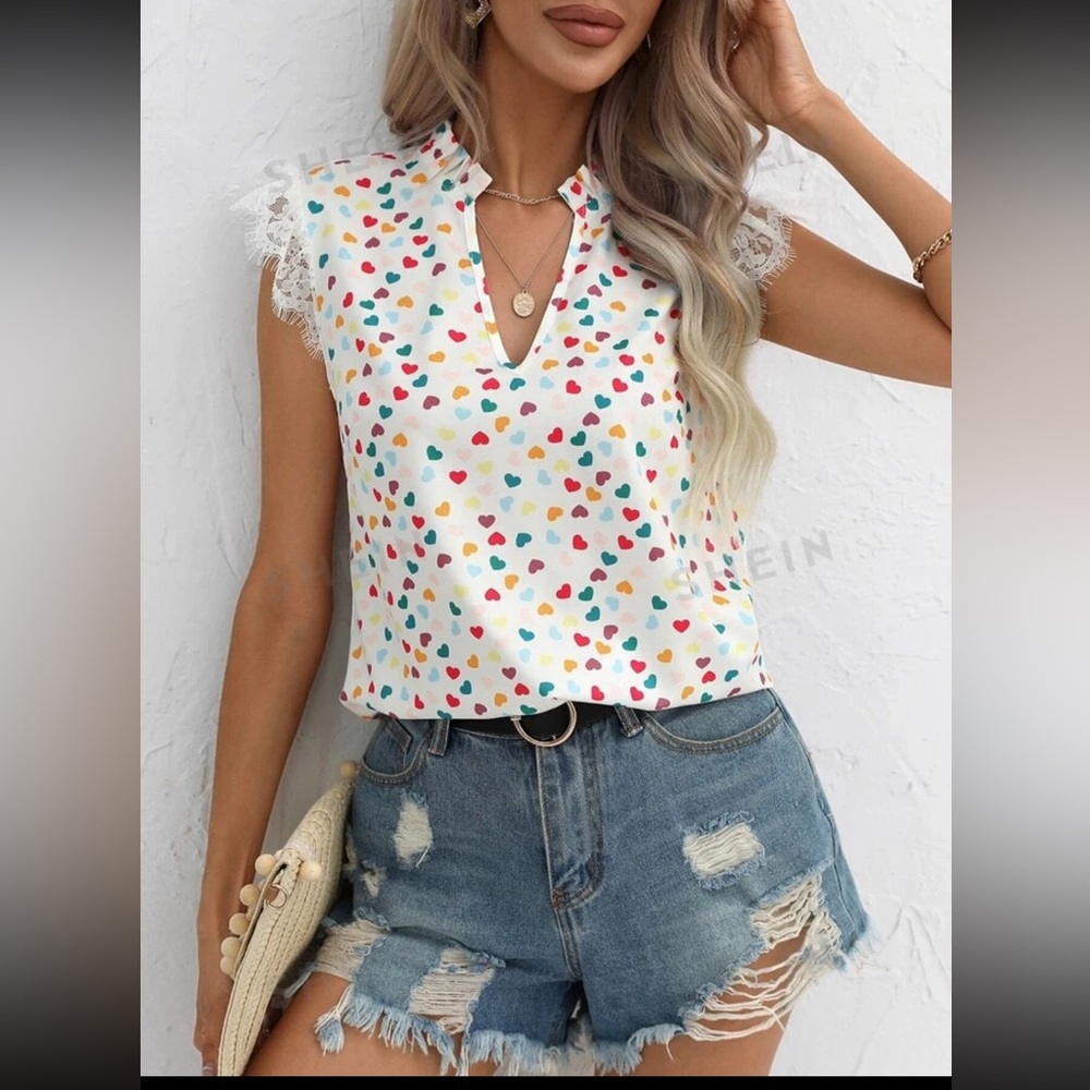 Heart Print Contrast Lace Notched Neck Blouse